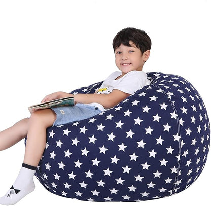 Lukeight Stuffed Animal Storage Bean Bag Chair Cover for Kids, Zipper Beanbag Chair Cover for Organizing Toddler & Kids' Rooms Plush Toys (Stars Navy, Large)