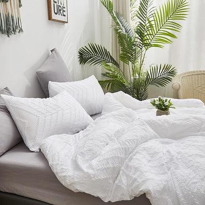 Wellboo White Tufted Jacquard Boho Comforter Set Full Size White Bedding Set Shabby Chic All Season Bed Quilt Women Men White Farmhouse Embroidery Blanket Soft Adult Broken Line Wave Geometry Bed