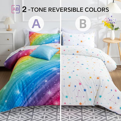 Btargot Super Soft 6 Pieces Gradient Star Ring Comforter Set, Colorful Glitter Rainbow Star Pattern Bedding Set for Boys Girls Teens,Twin Multicolor