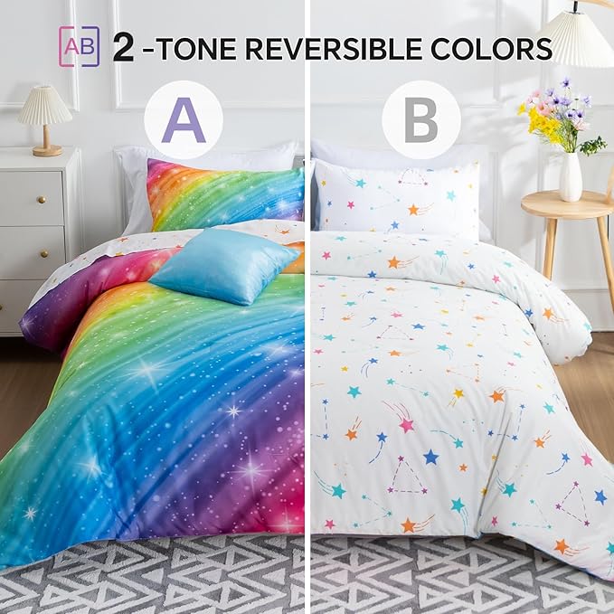 Btargot Super Soft 6 Pieces Gradient Star Ring Comforter Set, Colorful Glitter Rainbow Star Pattern Bedding Set for Boys Girls Teens,Full Multicolor