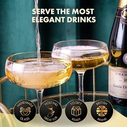 VEMACITY - Elegant Handblown Coupe Cocktail Glasses Set of 2 (10oz) - Crystal Espresso Martini Glasses, Champagne Saucers - Vintage Glassware | Wedding Gift | Ideal for Martinis and Margaritas
