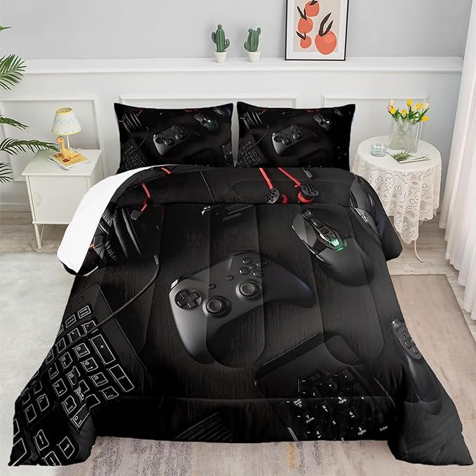 Gamer Comforter Set for Boys Teen Kids Full Size Gaming Comforter Soft Microfiber Gampad Quilt and Pillowcase Video Game Bedding Sets Room Decor (Color 1,Full)