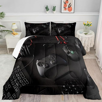 Gamer Comforter Set Twin Size for Boys Kids 3D Gaming Microfiber Quilts Black Video Game Bedding Sets Room Decor Gaming Bedding Set All Season for Game Lovers(Color 1,Twin)