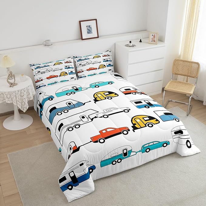 Camper Decor Bedding, Happy Camping Comforter Set Queen, Camping Down Comforter, Rustic Farmhouse Style Quilt Set For Kids Boys Girls, Colorful Camping Car Duvet Set, Soft Warm With 2 Pillow Cases