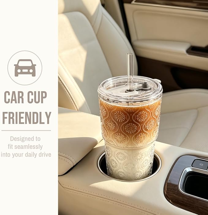 SoulTimes 20oz Begonia Flower Glass Tumbler with Bamboo Lid and Straw–Iced Coffee Glasses Cups for Smoothie, Matcha, Juice, Water etc. Leakproof and Reusable Glassware Drinking for Travel To Go [2Pcs]
