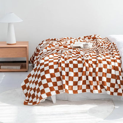 LOMAO Throw Blankets Flannel Blanket with Checkerboard Grid Pattern Soft Throw Blanket for Couch, Bed, Sofa Luxurious Warm and Cozy for All Seasons (Maple Brown, 90"x90")
