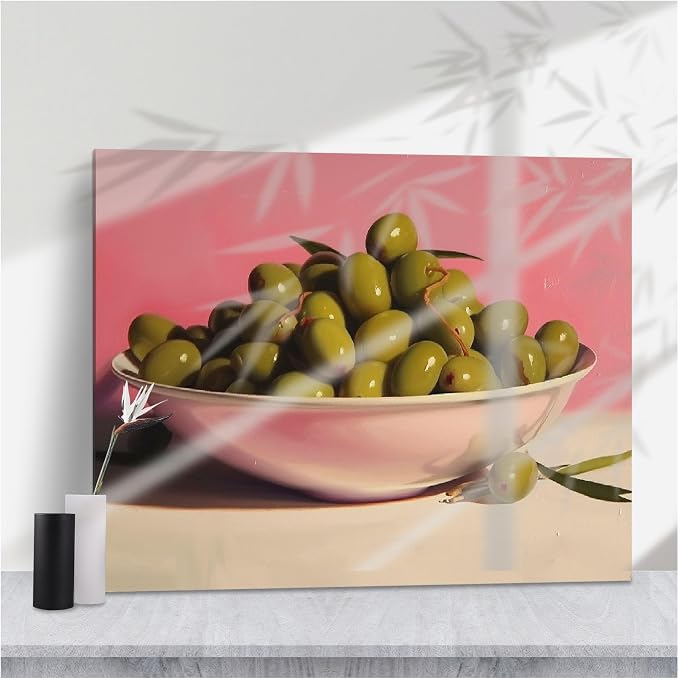 Modern Green Olives Still Life Canvas Print,Vibrant Glossy Olives in Pink Bowl Against Pink Background for Chic Kitchen or Dining Room Decor,16''x24'' Framed Modern Canvas Wall Art