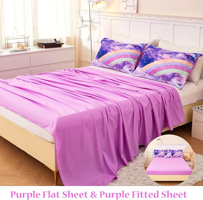 Rainbow Full Size Bedding Sets for Girls, Glitter Tie Dye Purple Kids Comforter Sets, 6Pcs Soft Sparkle Galaxy Bed in A Bag with Sheets for Teens