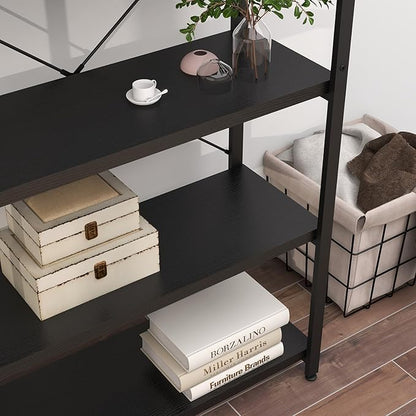 Panana 5 Tier Industrial Rustic Wooden Bookshelves, Vintage Open Wood and Metal Farmhouse Bookshelf Heavy Duty Storage Shelving Unit Rack (Black)