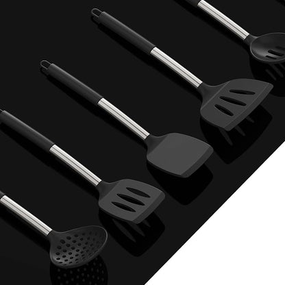 oannao Large Silicone Cooking Utensils Set - Heat Resistant Kitchen Utensils Sets,Spatula,Spoon,Turner Tongs,Whisk,Stainless Steel Cooking Utensil for Nonstick Cookware Dishwasher Safe (Black)