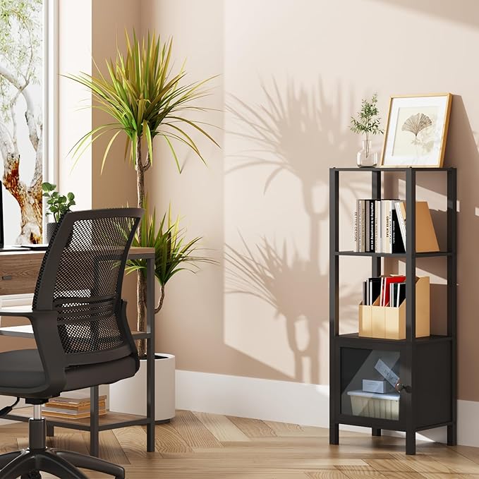 TUTOTAK 4 Tier Bookcase and Bookshelf, Narrow Book shelf with Door for Small Space, for Living Room, Office, Study, Entryway, Black BS03BK004