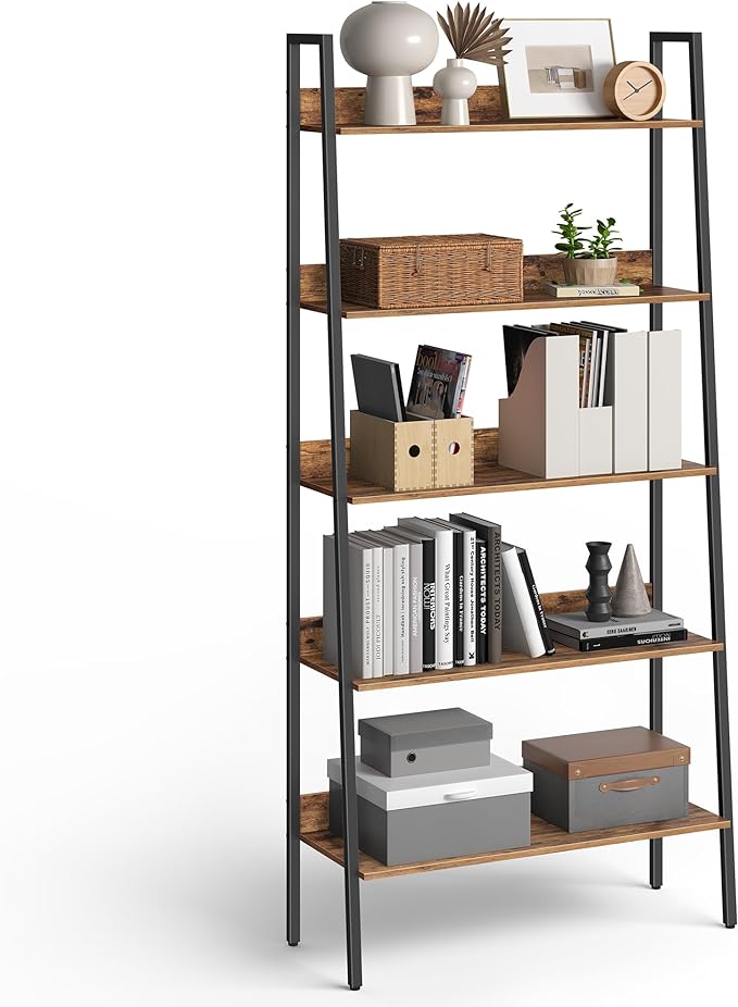 VASAGLE Bookshelf, 5-Tier Bookcase, Ladder Shelf for Home Office, Living Room, Bedroom, Kitchen, Rustic Brown and Ink Black ULLS129B01