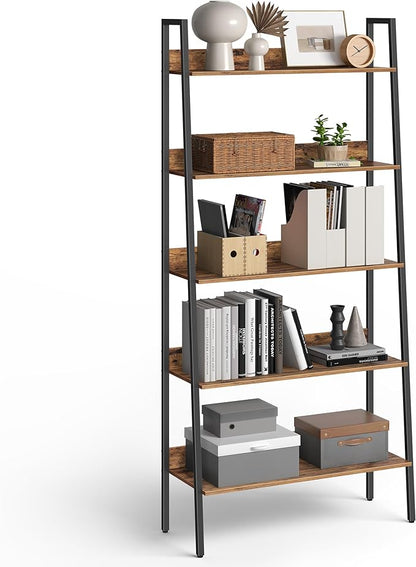 VASAGLE Bookshelf, 5-Tier Bookcase, Ladder Shelf for Home Office, Living Room, Bedroom, Kitchen, Rustic Brown and Ink Black ULLS129B01
