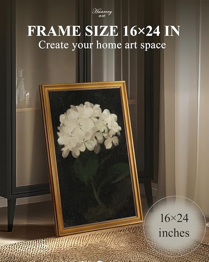 HUARCEY Gold Framed Vintage Wall Art for Living Room, Flowers Painting Canvas Prints Shelf Decor for Kitchen, Aesthetic Bedroom Wall Art, Christmas Gifts for Friends Family (White Hydrangea 16"x24")