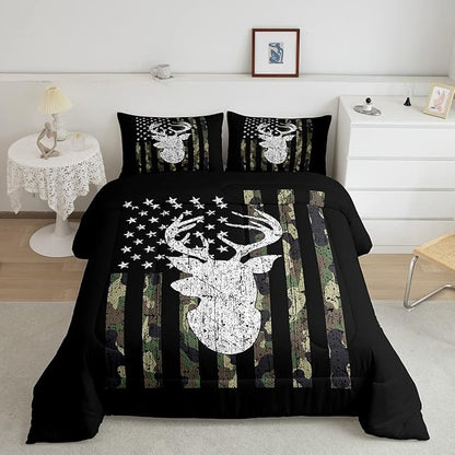 Camo Twin Bedding Set for Boys Army Green Camo American Flag Comforter Set,Teen Camouflage Deer Hunting Bedding Comforter Sets Rustic Farmhouse Woodland Animal Bedding Quilt Black White 1 Pillowcase