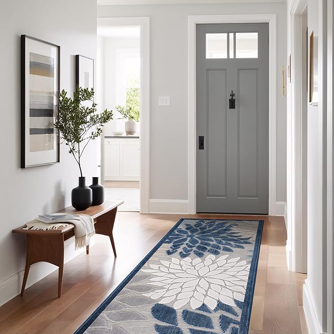 Beverly Rug Outdoor Runner Rug 2x7 Modern Floral Tropical Area Rugs for Indoor and Outdoor Patio Easy to Clean Non Shedding Living Room Porch Garden Washable Outside Carpet (2 x 7 Blue)