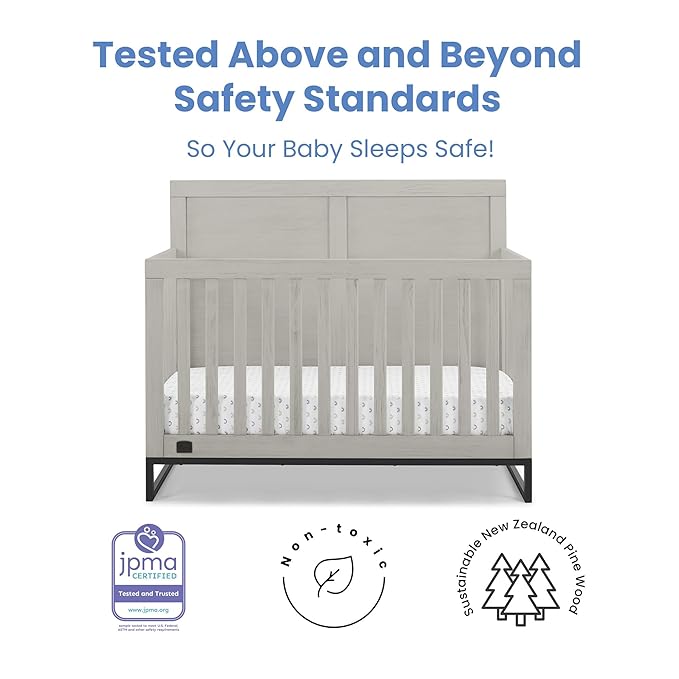 Simmons Kids Foundry 6-in-1 Convertible Baby Crib, Rustic Mist with Matte Black + Quiet Nights Breathable Crib Mattress with Removable/Machine Washable Cover (Bundle)