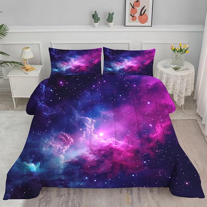 Galaxy Comforter Sets Queen Size Purple Outer Space Bedding Set for Teen Girls Boys Kids Children Bedroom Dorm Quilt 1 Comforter + 2 Pillow Cases