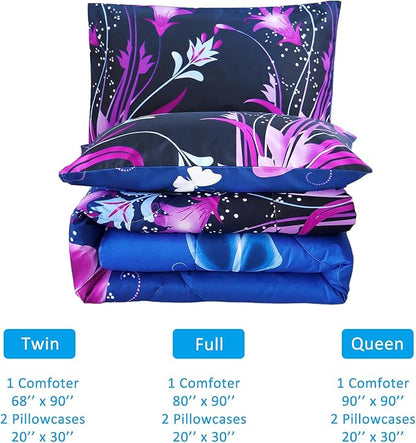 WINLIFE Butterfly Comforter Set Queen Size, 3Pcs Pink Purple Blue Black Animals Butterflies Floral Bedding Set for Girls Women, Soft Bed Set All Season Lightweight Down Alternative