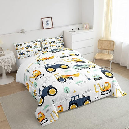 Tractor Comforter Set Queen, Cartoon Truck Bedding Set for Boys Girls Teens, Construction Tractor Down Comforter, Bulldozer Crane Equipment Duvet Set, Kawaii Vehicle Car Theme Comforter, Yellow Blue
