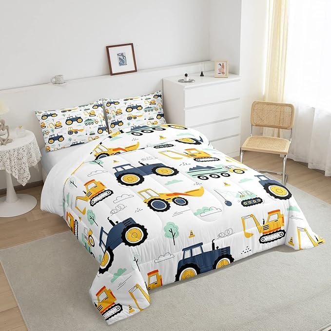 Cartoon Car Kids Comforter Set Twin, Kids Construction Vehicles Comforter for Boys Girls Teens, Tractor Machinery Trucks Bedding Set, Excavator Down Comforter, Construction Site Cars Duvet Set, 2Pcs