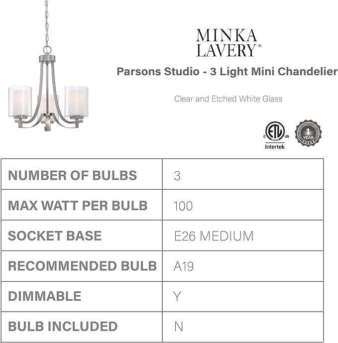 Minka Lavery Chandelier Pendant Lighting 4103-84, Parsons Studio Dining Room, 3 Light, Nickel