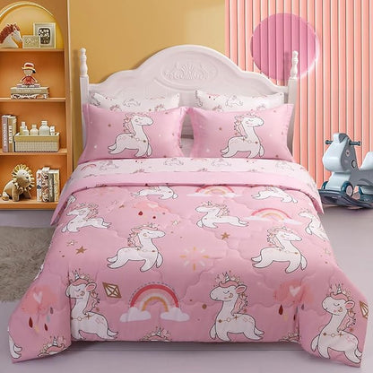 Wajade Kids Pink Unicorn Comforter Set Bed in A Bag Twin Size 7 Piece Cute Unicorn Rainbow Clouds Bedding Set for Girls (1 Comforter, 1 Flat Sheet, 1 Fitted Sheet, 2 Pillowcase and 2 Pillow Sham)