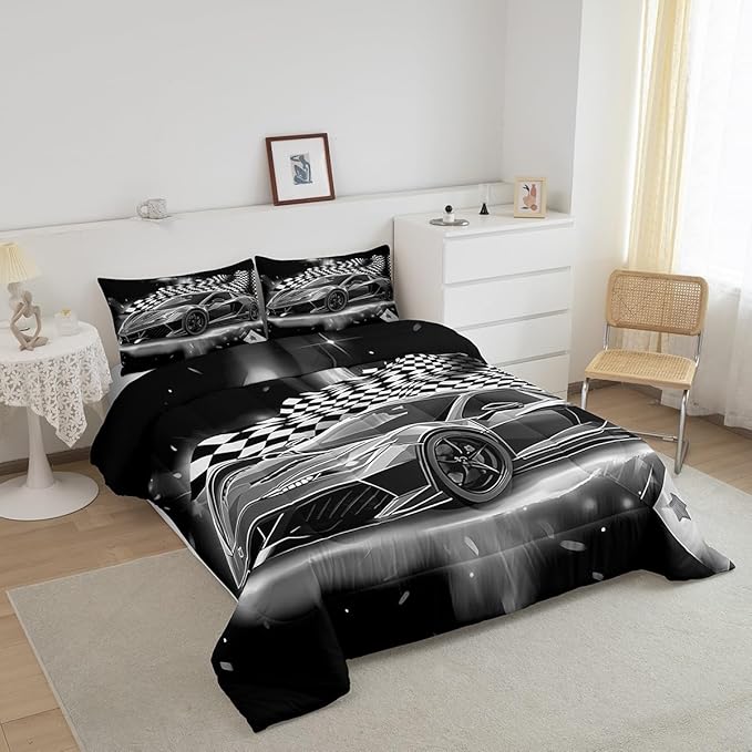 Feelyou Racing Car Comforter Set, Cool Speed Race Car Down Comforter Twin for Kids Boys Girls Teens Bedroom, Automobile Extreme Sport Bedding Set Plaid Checkered Duvet Sets with 1 Pillowcase,Grey