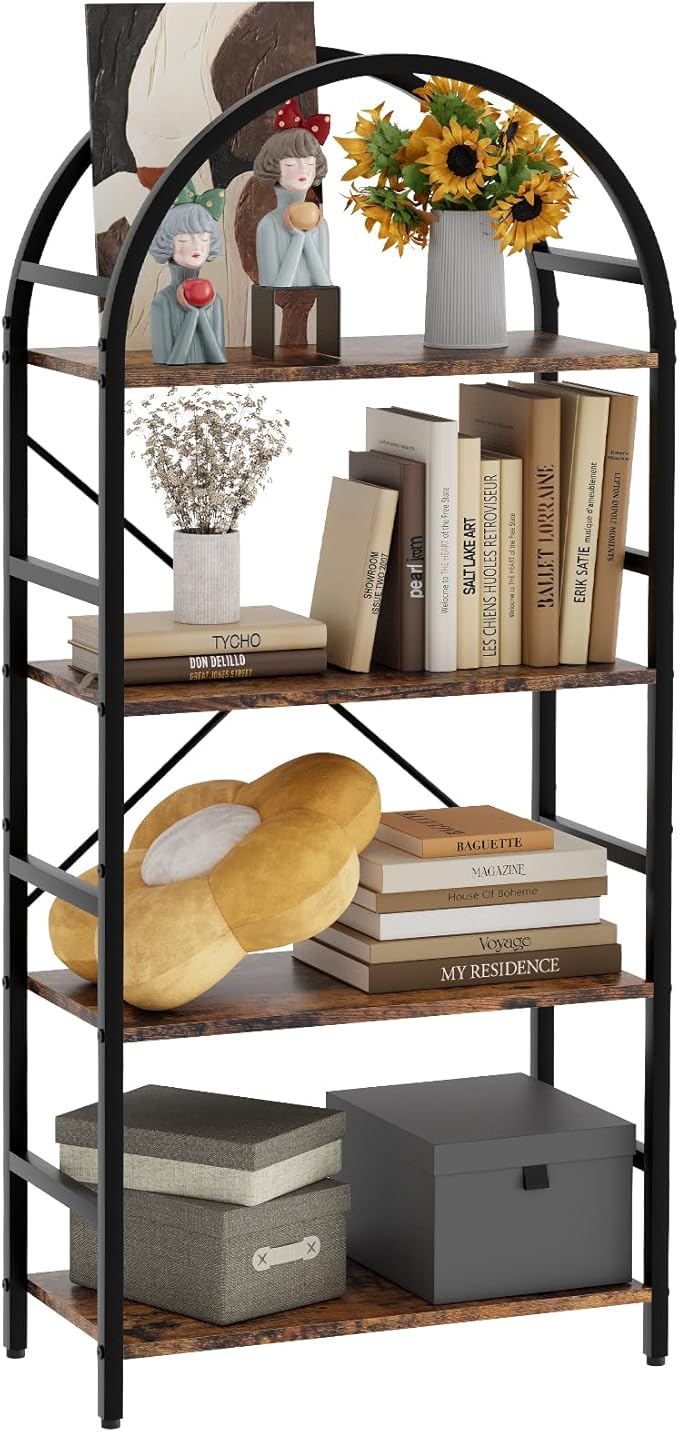 4-Tier Bookshelf, 24 Inch Width Industrial Arched Bookcase, Vintage Storage Rack with Open Shelves, Free Standing Shelf for Home Office, Living Room,Bedroom, Rustic Brown
