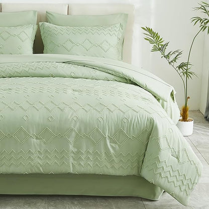 EMME Queen Comforter Set - 7 Pcs Sage Green Boho Bedding Sets, Full Size Tufted Comforter with Sheets, Shabby Chic Embroidery Queen Bed Set Fluffy Bed Bag for All Season(90"X90")
