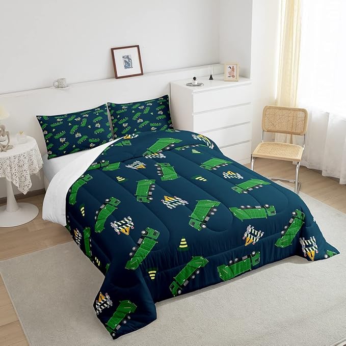 Garbage Truck Toy Print Warm Comforter Setfor Kids Boys, Green Garbage Truck Bedding Set Cartoon Equipment Comforter Navy Blue Decor All Season Quilt Set Room 3Pcs Full Size