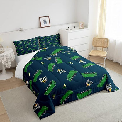 Feelyou Garbage Truck Toy Print Warm Comforter Setfor Kids Boys, Green Garbage Truck Bedding Set Cartoon Equipment Comforter Navy Blue Decor All Season Quilt Room 3Pcs King Size Boys