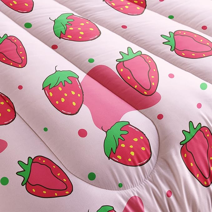 Kawaii Comforter Twin,Pink Strawberry Comforter Set for Kids Teens Girls,3Pcs Bedding Set Printed Comforter with 2 Pillowcases,Down Alternative,Soft and Lightweight，Twin Size