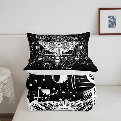 Erosebridal Bohemian Moth Comforter Halloween Skull Bedding Set Full Size Sun Moon Constellation Duvet Set for Kids Boys Girls Teens Gift Gothic Moth Skull Skeleton Bones Lightweight Down Comforter