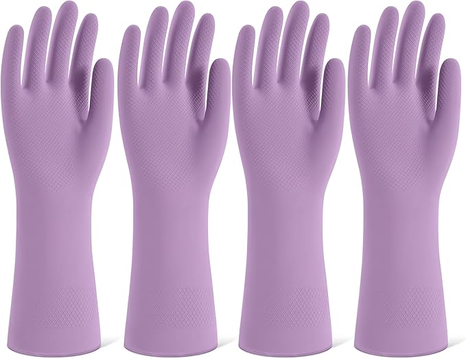 Rubber Cleaning Gloves for Dishwashing, 4 Pairs Reusable Kitchen Gloves for Washing Dishes and Household Cleaning, Purple Dish Gloves with Flocked Lining and Non-Slip Grip, Pefect for Woman Men - M