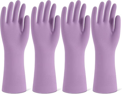 Rubber Cleaning Gloves for Dishwashing, 4 Pairs Reusable Kitchen Gloves for Washing Dishes and Household Cleaning, Purple Dish Gloves with Flocked Lining and Non-Slip Grip, Pefect for Woman Men - M