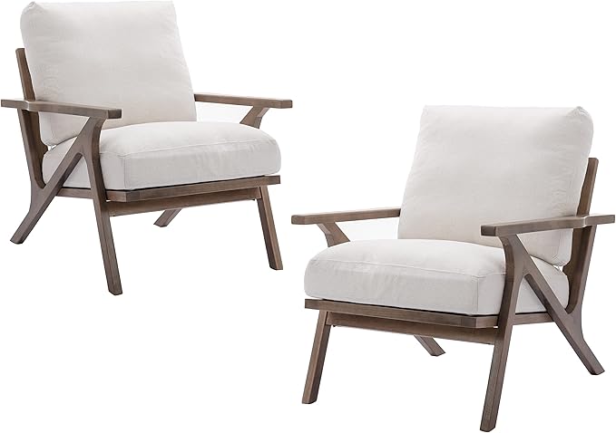 chairus Mid Century Accent Armchairs Modern Upholstered Lounge Chairs Compfy Leisure Arm Chairs for Living Room Fireplace/Bedroom/Reception/Dorms, Set of 2, Linen Fabric White