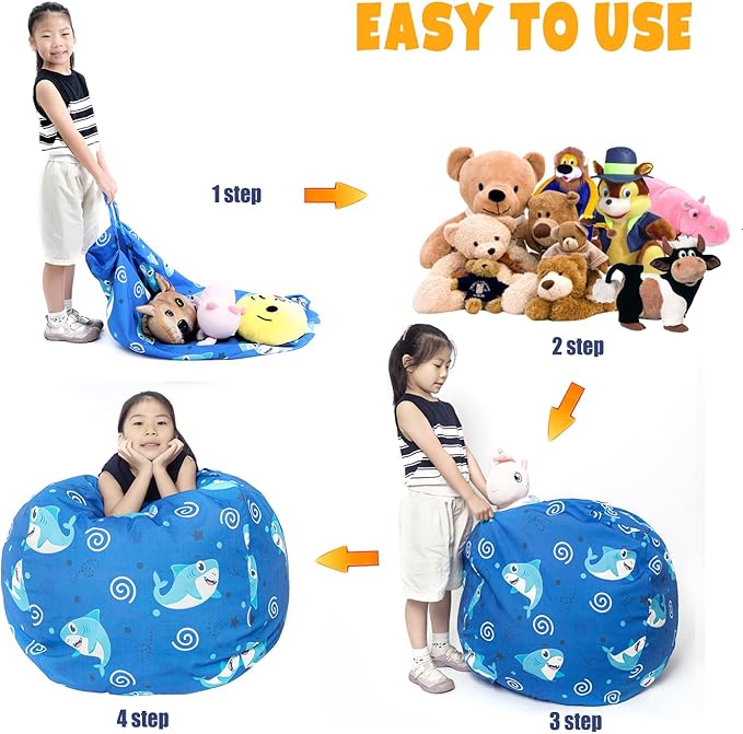 Stuffed Animal Storage Bean Bag Chair Cover, Hold Kids Plush Toys Blankets Towels Beanbag (Cover Only), Canvas Floor Circle Stuff Sit Seat Sofa with YKK Zipper, Extra Large 38", Blue Shark