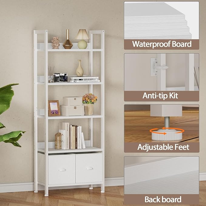 Furologee 5 Tier Bookshelf with Drawers, White Tall Bookcase with Shelves, Wood and Metal Book Shelf Storage Organizer, Modern Display Free Standing Shelf Unit for Bedroom, Living Room, Office