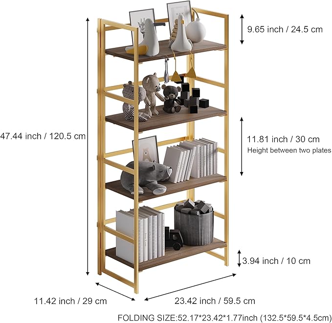 No-Assembly Folding Gold Bookshelf Storage Shelves 4 Tiers Vintage Multifunctional Plant Flower Stand Storage Rack Shelves Bookcase for Home Office