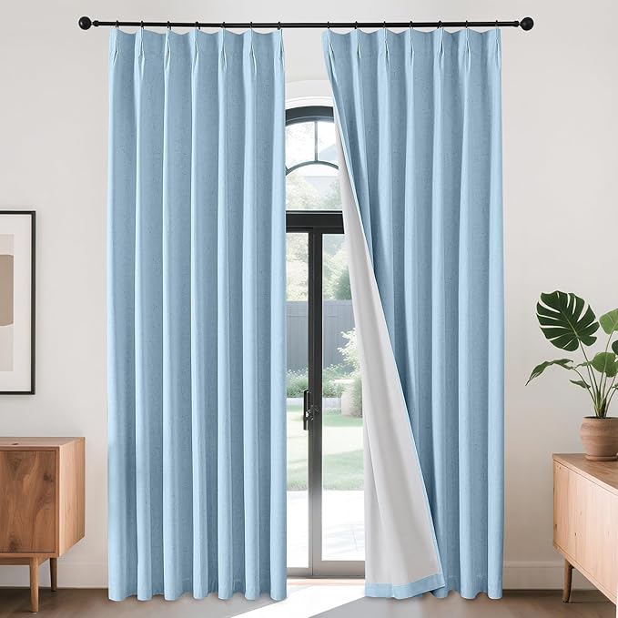 Joydeco Pleated Curtains for Living Room Bedroom, Linen Drapes 90 inch Length 2 Panels Set, Blackout Thermal Insulated Curtain(Chambray Blue,40'' Wx90'' L)
