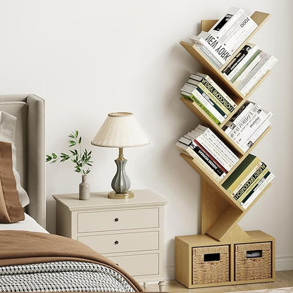 Vagusicc 6 Tier Tree Bookshelf - Retro Shelf Floor Standing Bookcase with Baskets, Tall Wood Book Storage Rack for Books/CDs, Tree Utility Book Organizer Shelves for Living Room, Home Office, Bedroom