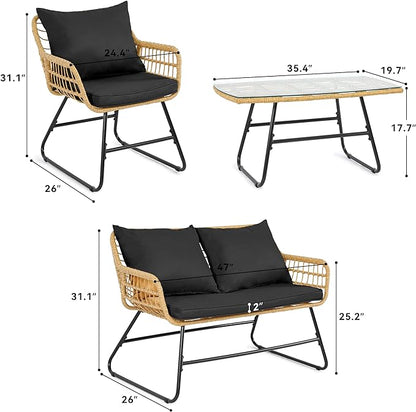 YITAHOME 4-Piece Patio Furniture Wicker Outdoor Bistro Set, All-Weather Rattan Conversation Loveseat Chairs for Backyard, Balcony and Deck with Soft Cushions and Metal Table (Light Brown+black)