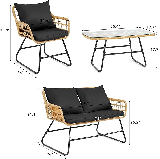 YITAHOME Patio Furniture Wicker Outdoor Bistro Set, 4-Piece All Weather Patio Furniture Rattan Conversation Loveseat Sets for Backyard, Balcony and Deck, Light Brown+Black