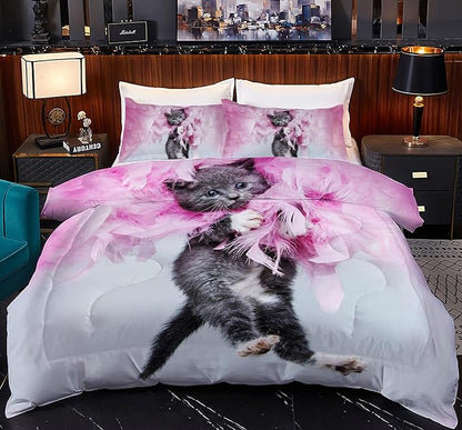 Cat Comforter Set Queen Size for Kids Pink Feathers Black Cat 3Pcs Bedding Set for boys and Girls (1Summer Comforter+ 2 Pillowcases) Lovely Animal Pets Duvet Set