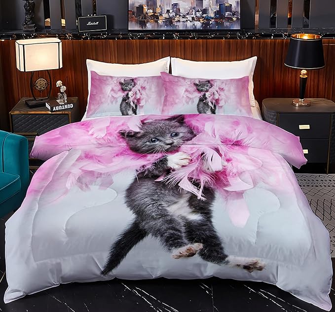 Cat Comforter Twin, Cat Bedding Set Twin Size for Kids, Cat Comforter Set for Girls and Boys, Pink Feathers Black Cat 3Pcs(1Summer Comforter+ 2 Pillowcases) Lovely Animal Pets Duvet Set
