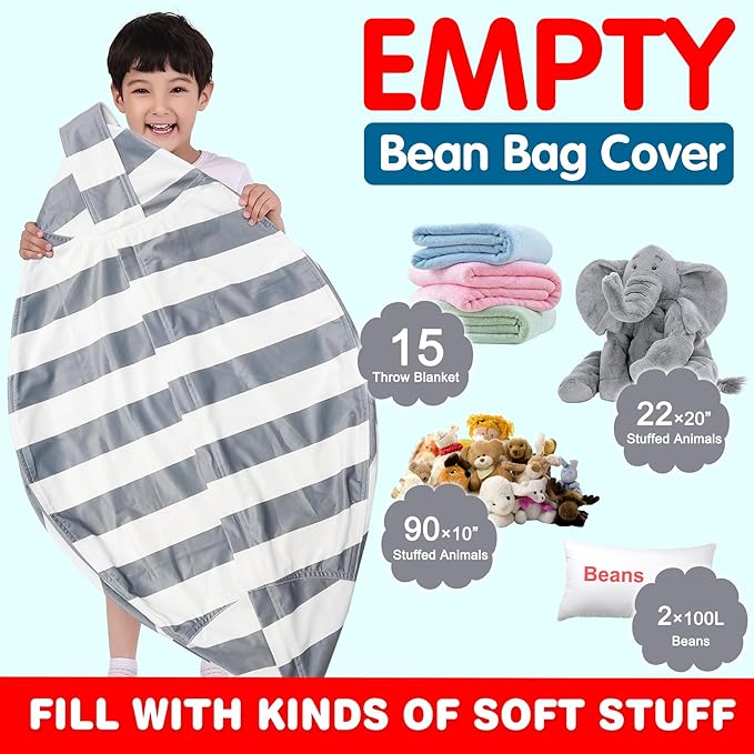 Lukeight Stuffed Animal Storage Bean Bag Chair Cover for Kids, Zipper Beanbag Chair Cover for Organizing Toddler & Kids' Rooms Plush Toys (Gray+white Velvet, X-Large)