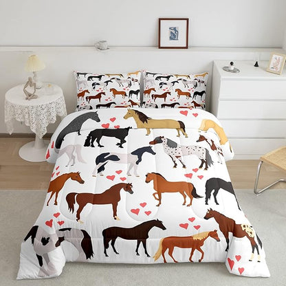 Galloping Horse Comforter Set Full Farm Bedding Set Kids Boys Girls Teens Cute Safari Animal Duvet Set Cartoon Horses with Pink Lover Heart Decor Kawaii Lightweight Cowboy Cowgirls Down Comforter