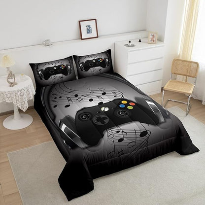 Gamer Comforter Set King Size,Black Grey Headphones Musical Design Games Gamepad Bedding Set for Kids Boys Video Game Room Decor Retro Playing Gamer Down Comforter Gaming Controller Quilted Duvet Set