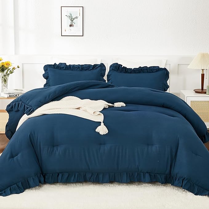 Andency Navy Blue Queen Comforter Set, 3 Pieces Boho Lightweight Solid Bedding Sets for Queen Bed, Fluffy Soft Double Women Men Microfiber Bedding Set